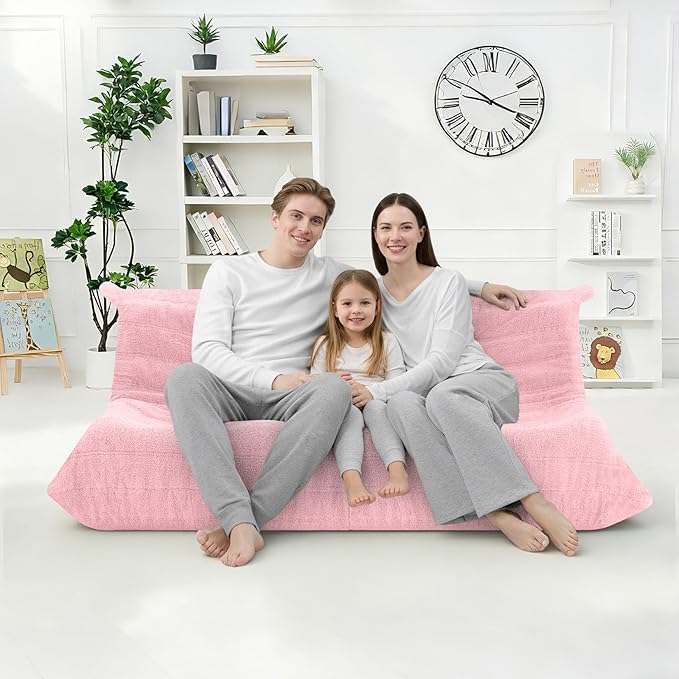HABUTWAY Bean Bag Chairs Fireside Lazy Floor Sofa, Soft Teddy Fleece 3 Seater Sofa with High-Resilience Foam Filling，Beanbag for Living Room, Bedroom, Office (Pink Teddy)