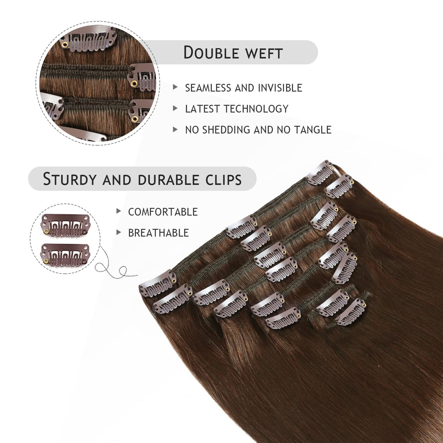 YILITE Clip in Hair Extensions 120g 8Pcs/Pack Chocolate Brown Double Weft Silky Straight Remy Human Hair Thick Clip in Real Hair