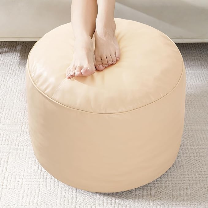 HIGOGOGO Round Stuffed Pouf Ottoman, Pu Leather Poufs with Foam Chunk Filling, Furry and Fluffy Pouf Foot Stool Storage Ottoman, 26 X 18 Floor Poufs Foot Rest for Living Room, Beige