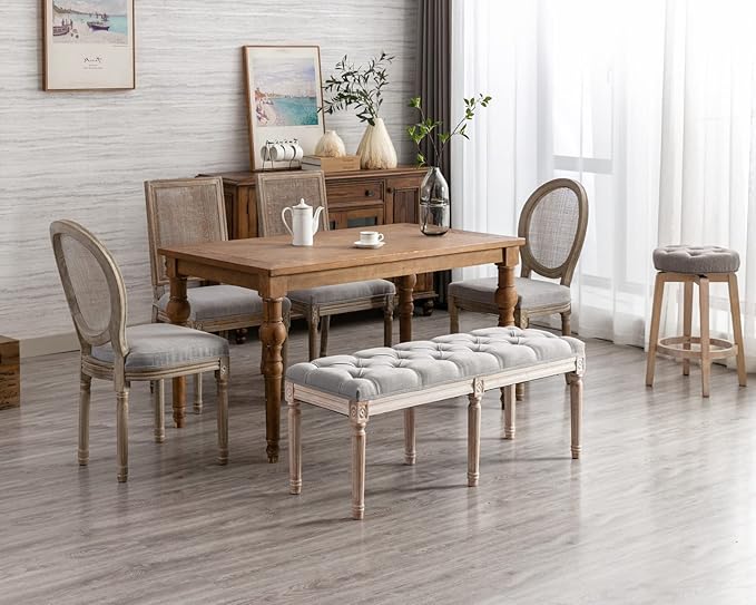 CIMOTA Farmhouse Dining Chairs Set of 4, French Rattan Dining Room Chairs with Rectangle Back/Distressed Wood Upholstered Vintage Side Chairs for Kitchen/Restaurant, Grey/4PCS