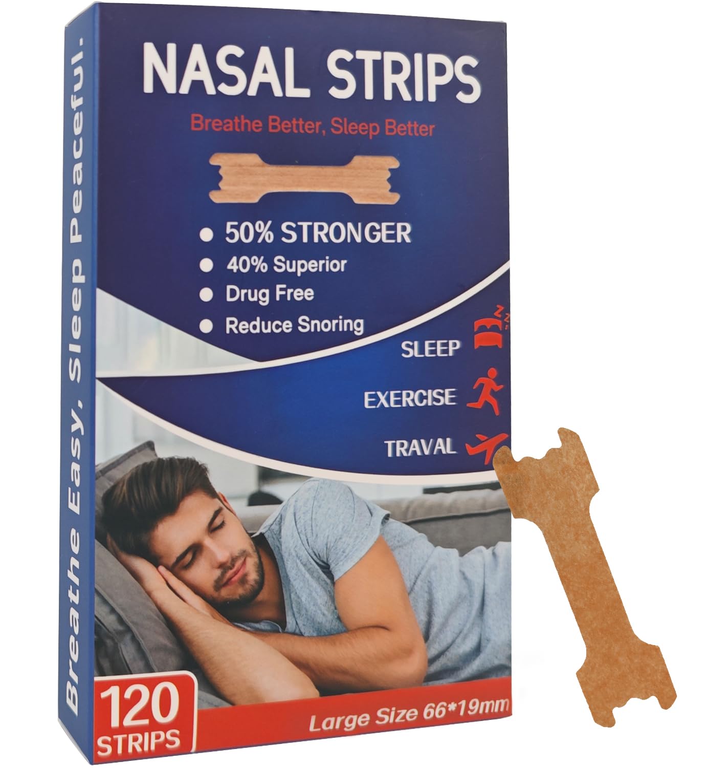 Tyelason Nasal Strips - 120 Count Nasal Strips for Snoring, Extra Strength Tan Nasal Breathing Strips to Improve Sleep, Instant Nasal Congestion Relief Caused by Colds & Allergies