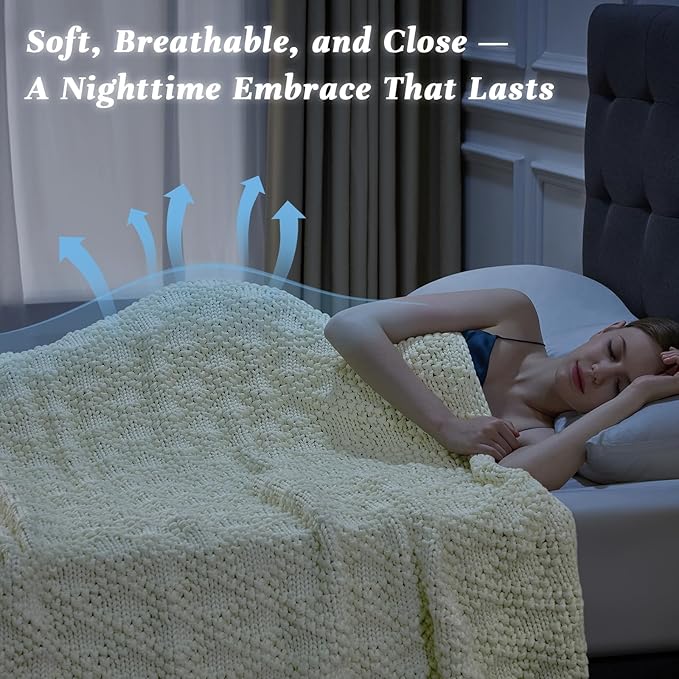 Knitted Weighted Blanket for Adult, Chunky Knit Weighted Throw for Sleep 60"*80" 20lbs, Cooling Breathable Machine Washable Heavy Blanket for Room Decor (Ivory White, Queen)