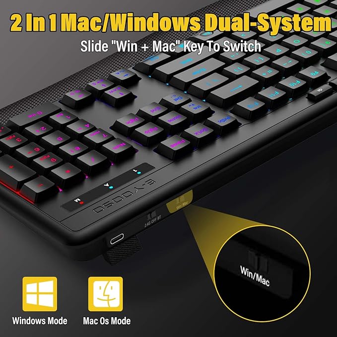 Premium Wireless Bluethooth Versatile Keyboard,8 RGB Backlit light up,Silent Touch Less Noise 95%,Ergonomic Wrist Rest,Wired Rechargeable,Tri-mode BT5.0/2.4GHz/USB C,Ideal For Gaming/PC Computer/Mac
