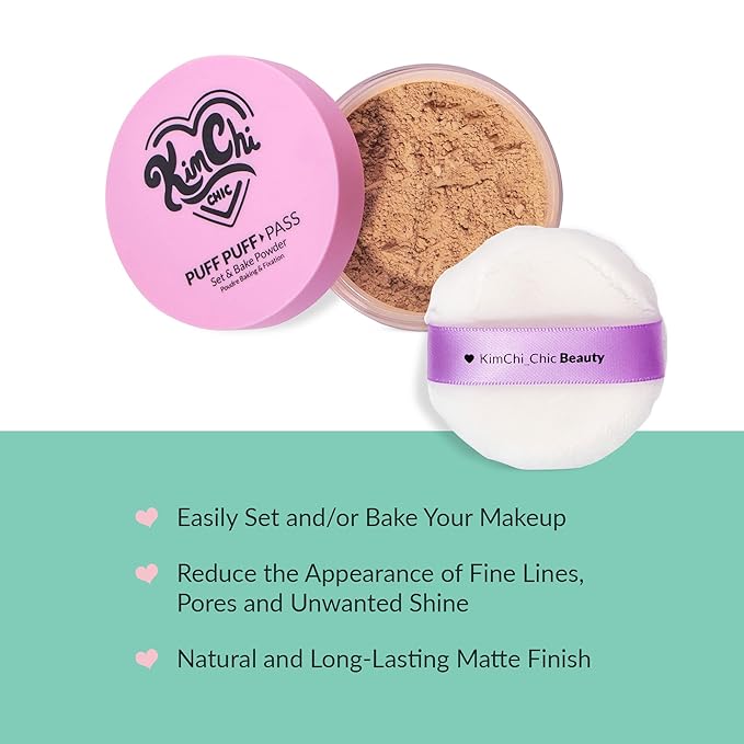 KimChiChic Beauty Puff Puff Pass Set and Bake Setting Powder for Makeup, Extra Fluffy Loose Face Powder Poof, Soft Natural Face Makeup for Uneven Skin Tone, 05 Suntan