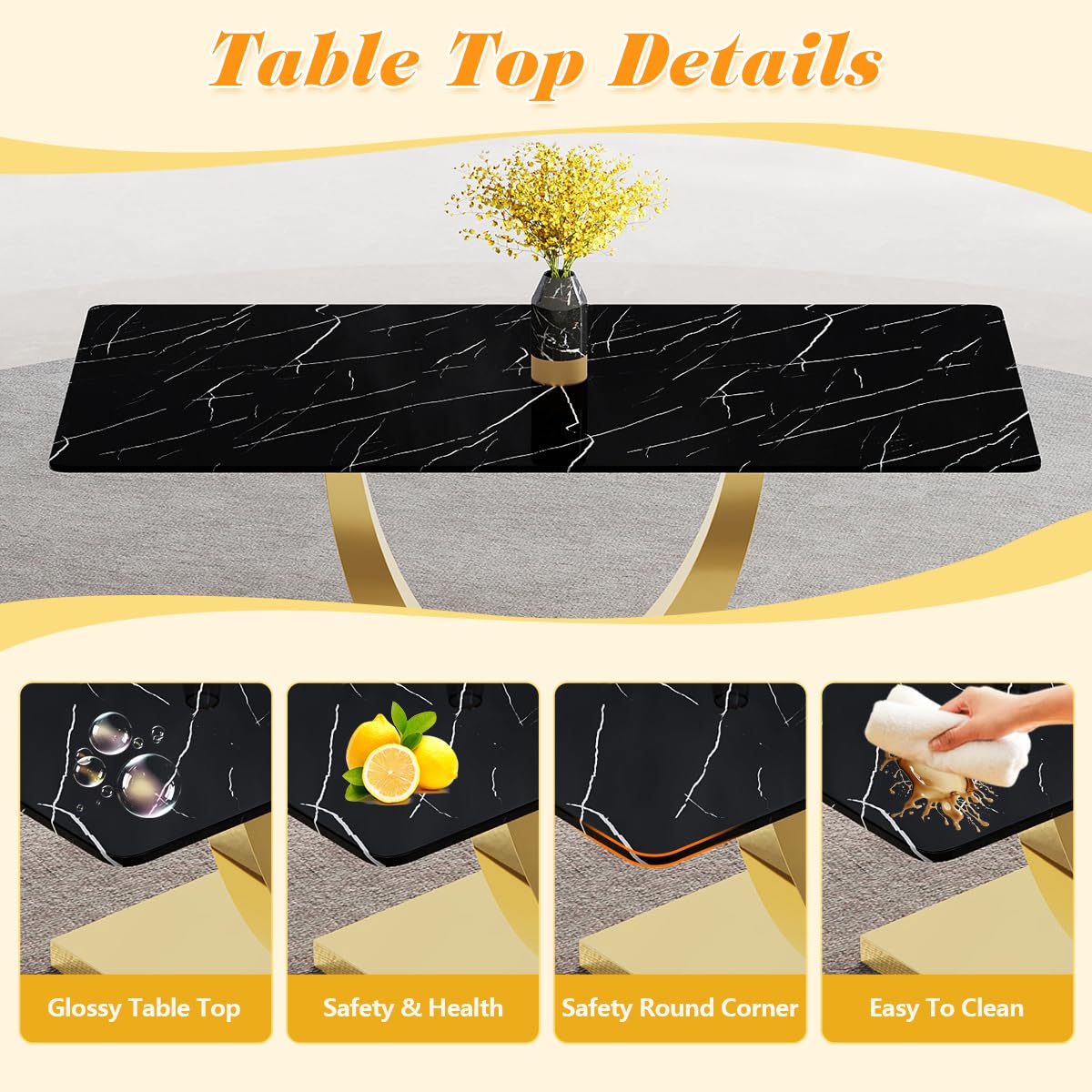 Dining Set of 6 Chairs and Table, 71'' Black Dining Table Set for 6, Faux Marble Dining Room Table Set & Ergonomic Chairs for Dining, Tempered Glass Top with U-Shaped Leg and Stainless Steel Base