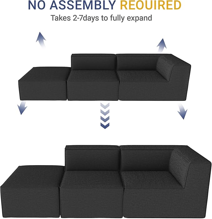 KOBY HOME 106" Sectional Compressed Sofa Modular Couches,High-Density Foam No Assembly Required,3-Piece(1xCorner 1xArmless 1xOttoman) for Living Room, Chenille Dark Gery