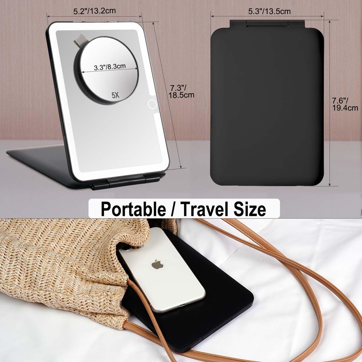 Travel Makeup Mirror with Lights, Rechargeable Portable Lighted Mirror, 3 Color Light Dimmable Touch Screen, 1X Light up Vanity