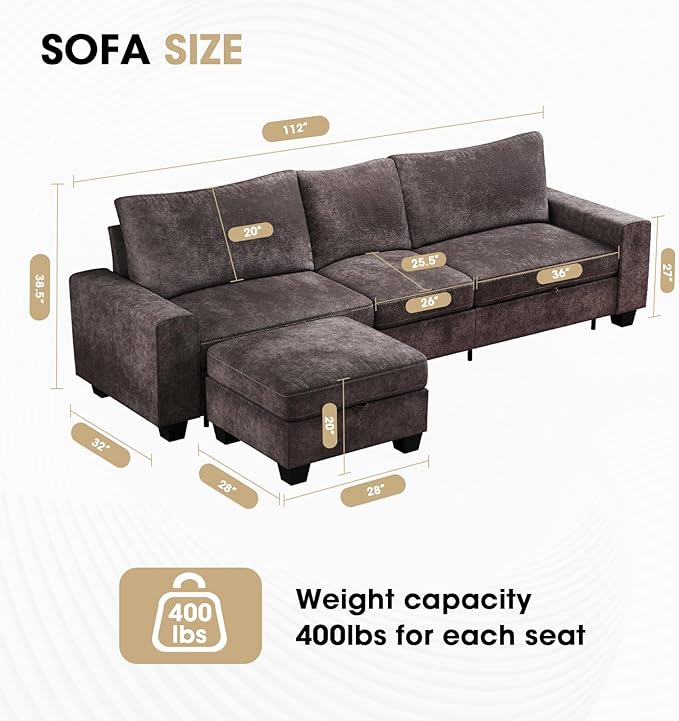 Couchus 112“ Convertible Storage Sectional Sofa,L Shaped Couch with Storage Ottoman,Multi-Functional Reversible Sofa with Huge Storage Space, Breathable Fabric(Dark Grey)