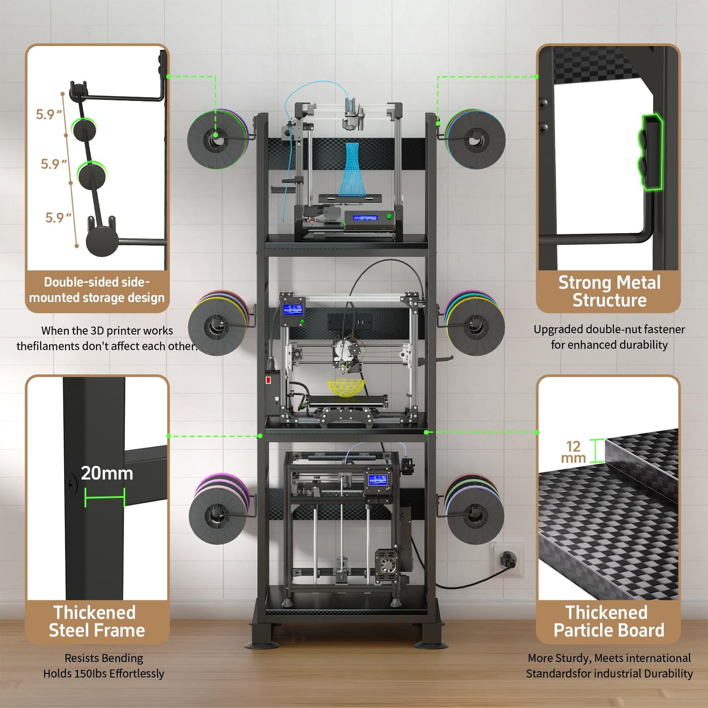MILEFA 3DPrinter Stand with Filament Storage,3D Printer Rack with Power Outlet,Heavy-Duty 3D Print Storage Shelf for ABS/PLA/TPU Filament Spools,Perfect for 3D Printing Workshops,Carbon Fiber Black