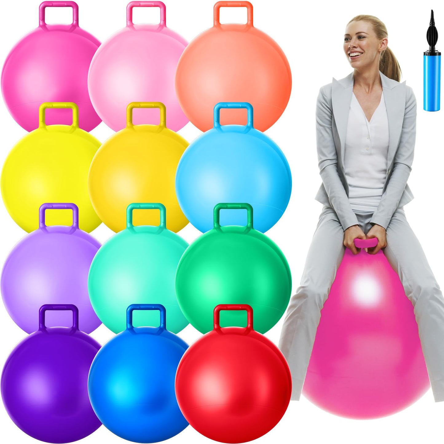 Meooeck 12 Pcs 29 Inch Hopper Ball with Handle and Air Pump Bouncy Jumping Hopper Ball for Field Day Games Outdoor Activities and Team Gaming Play