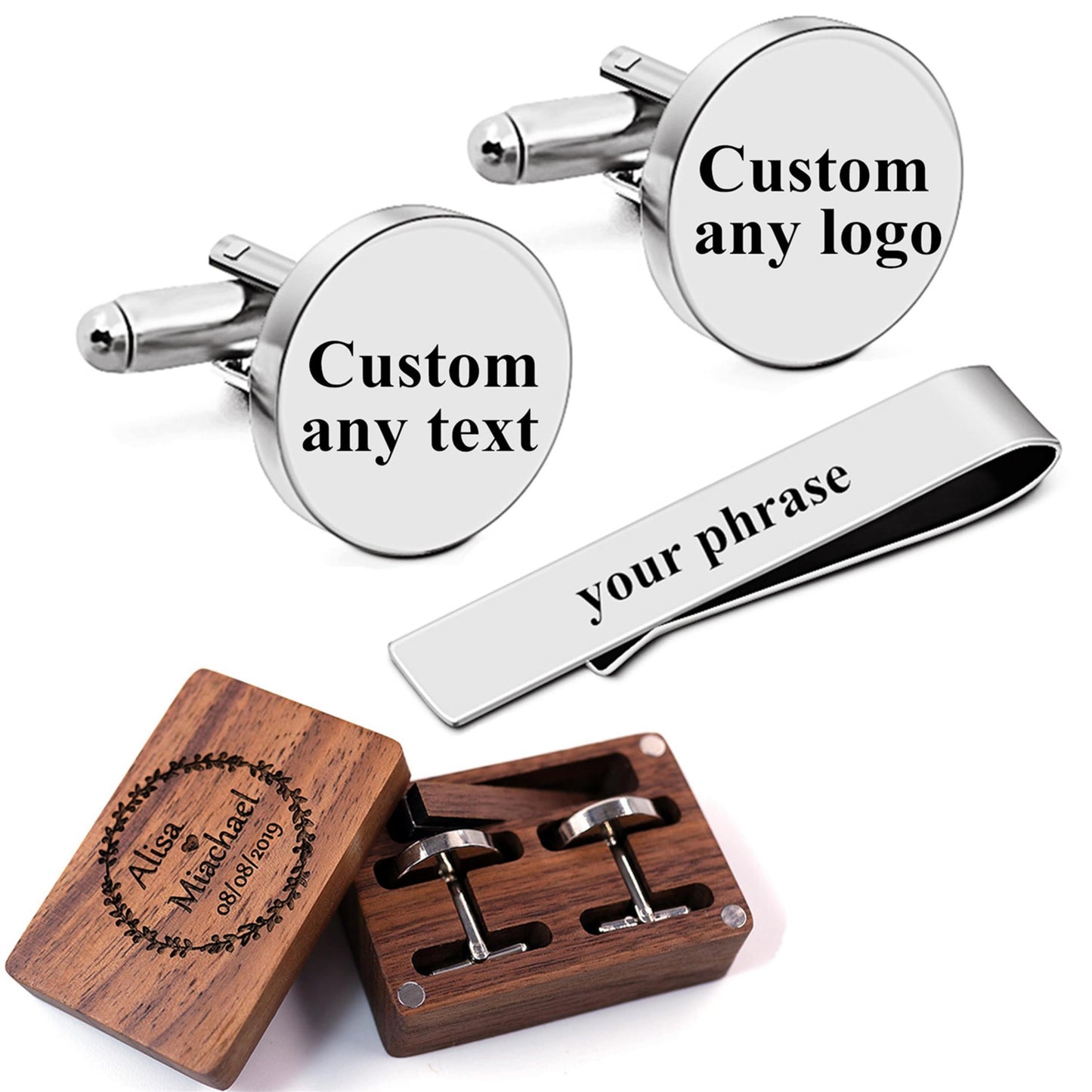 Kooer Wedding Gifts For Father, Father of The Bride CuffLinks Tie Clip Set With Wood Gift Box Wedding Men's Jewelry Cufflinks Gifts for Father Dad (Father of the bride wood box set)