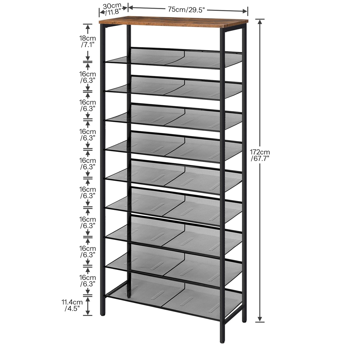 HOOBRO 10-Tier Shoe Rack, 29.5"L Shoe Shelf, Large Capacity Shoe Storage Organizer for 27+ Pairs of Shoes, Front Door Entrance, Entryway, Hallway, Closet, Space Saver, Rustic Brown and Black BF110XJ01
