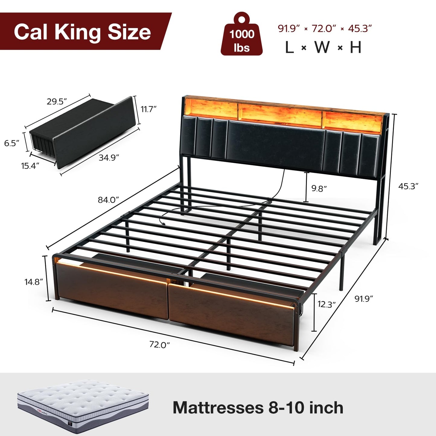 AOVSA California King Bed Frames with Ergonomic Hidden Storage headboard & Dustproof Drawers, Upholstered Cal King Platform Bed with LED Lights and Charging Station, No Box Spring Needed, Black