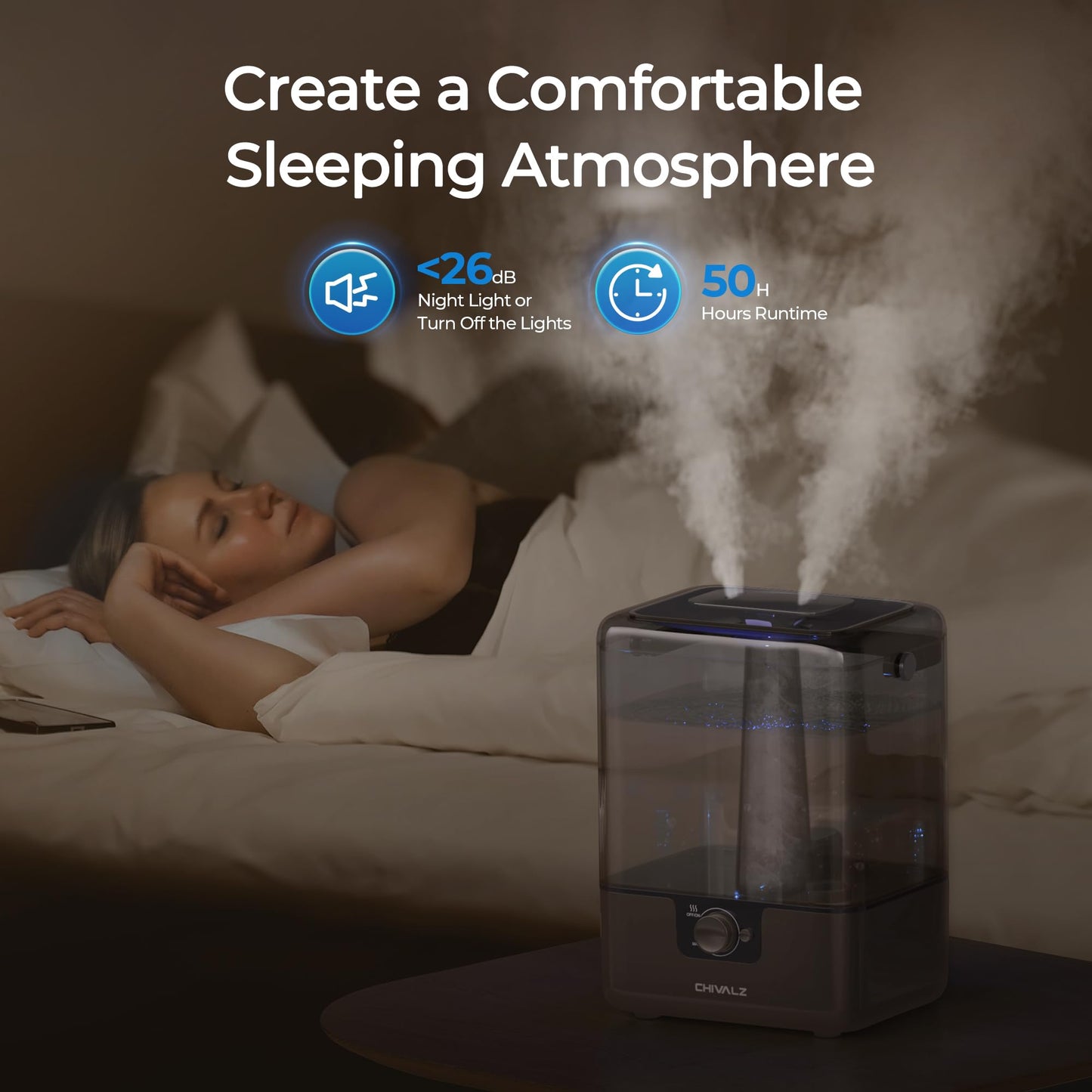 Chivalz Humidifiers For Bedroom, 6L Cool Mist Humidifiers For Baby Nursery, 26Db Quiet, 50H Runtime, Top Fill Humidifier For Lar