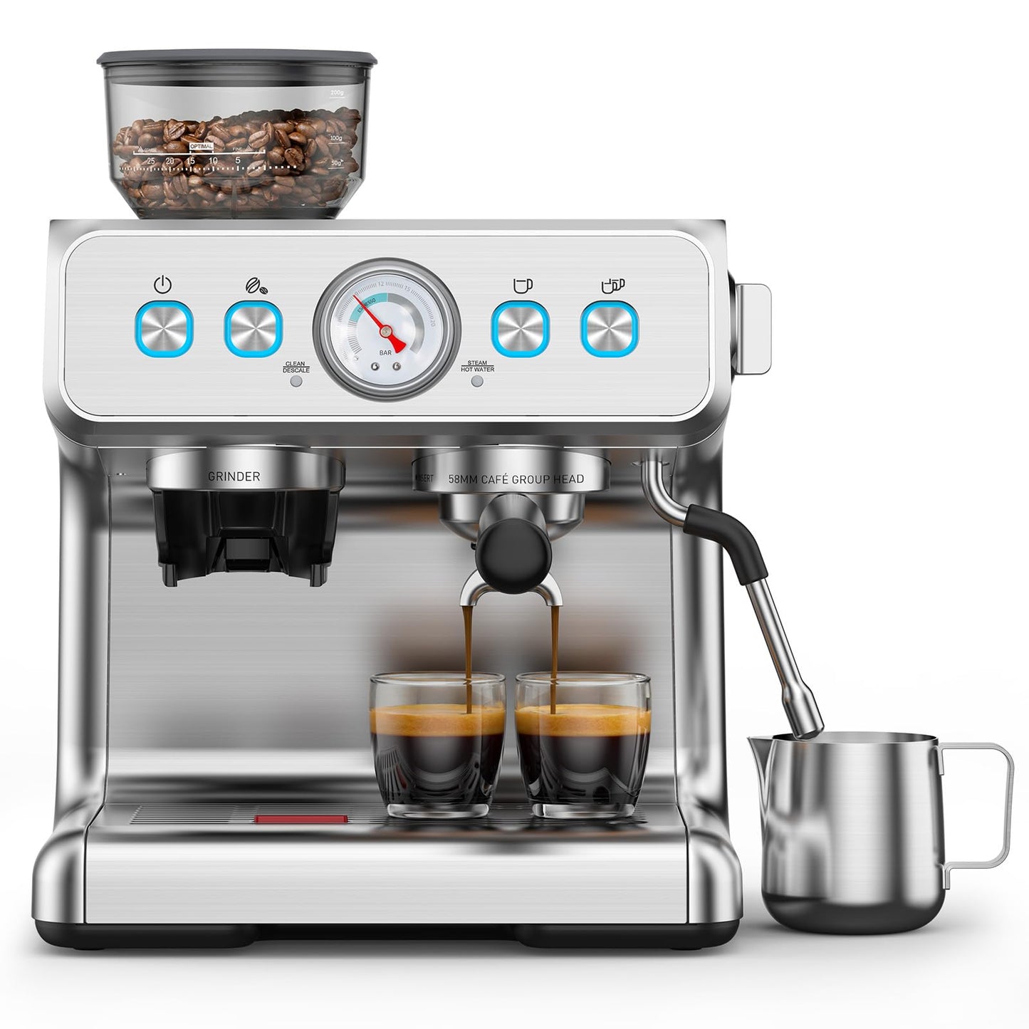 Espresso Machine with Grinder, 20 Bar Expresso Coffee Machines, Professional Coffee Maker for Latte & Cappuccino with Milk Frother, Expresso Machines for Home, Removable Water Tank, Steam Wand-Silver