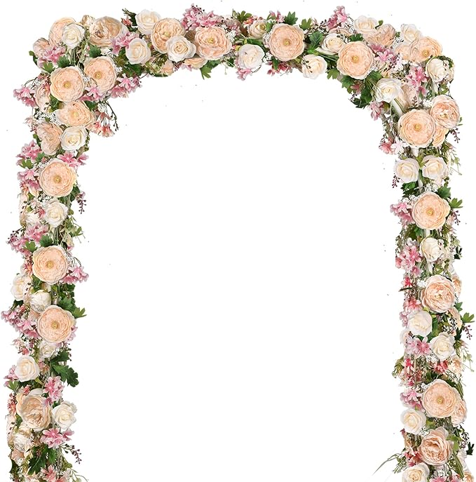 2 Pack Artificial Peony Flower Garland - 6ft Silk Peony Garland Flower Vine Champagne Peony Silk Roses Flowers for Wedding Arch Party Table Decor (2, Champagne)
