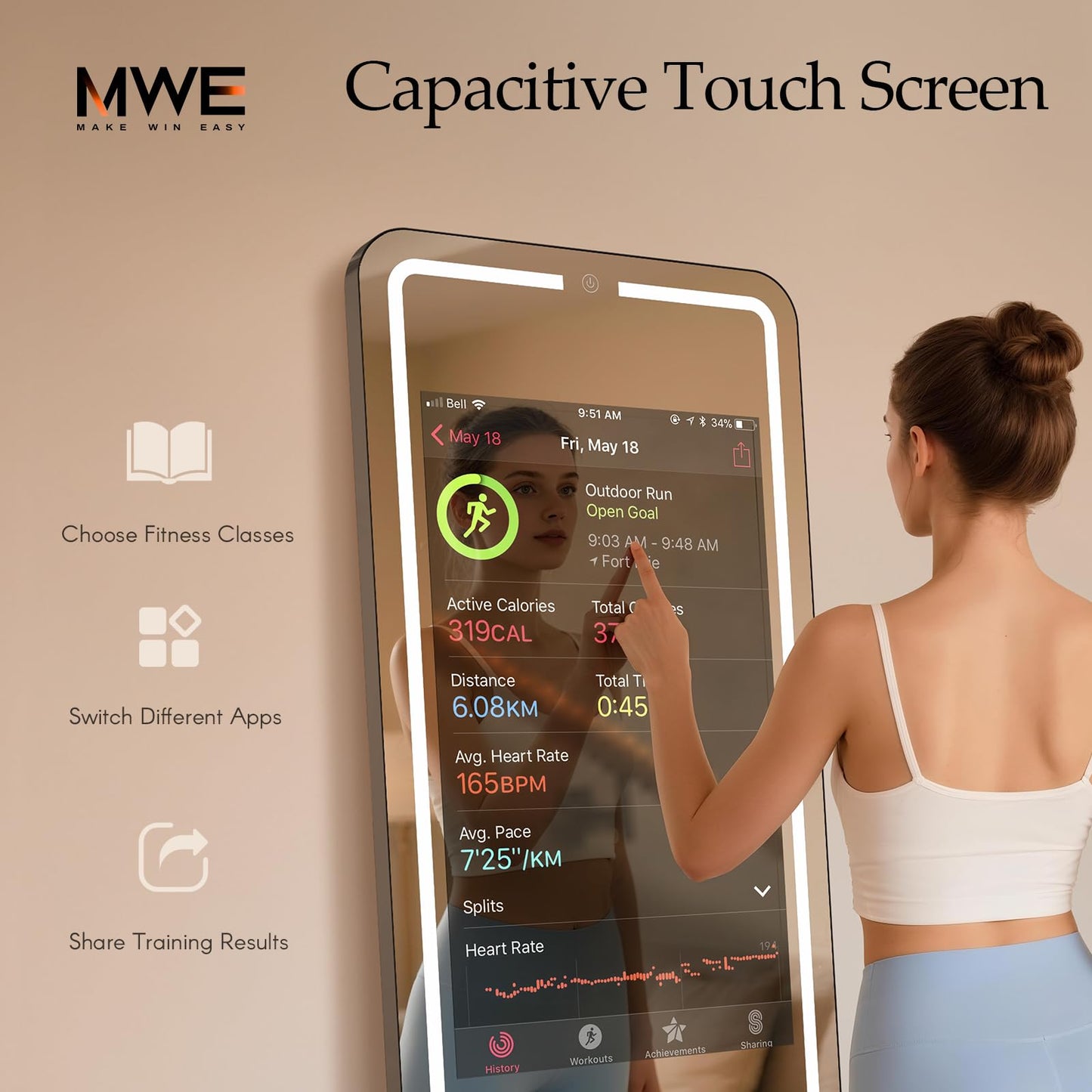 RIXZSIW Smart Gym Mirror for Home Workout | 32" HD Touch-Screen Andriod OS | 63" Reflective Surface | No VIP Fees Support Various APPs, Music Sync LED Light Strip, for Home Gym/Yoga/Dance
