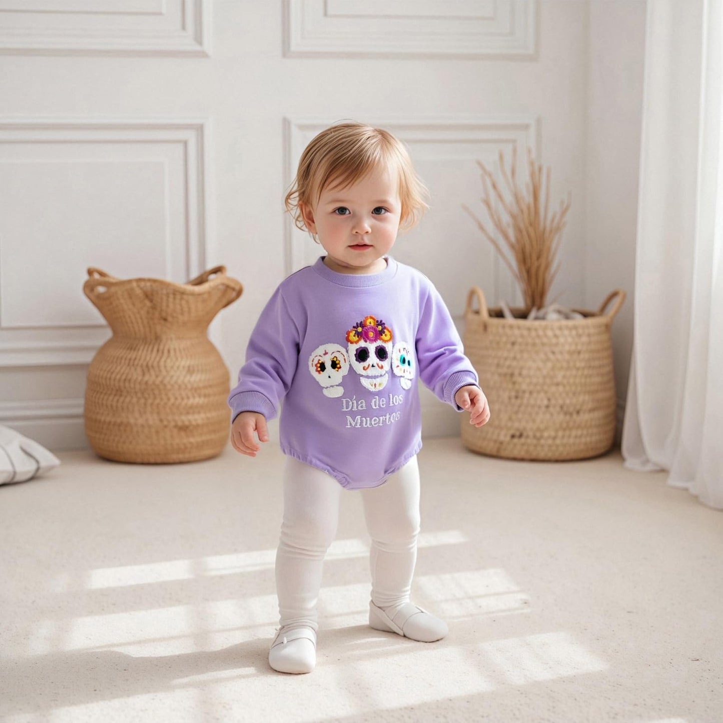 Kuriozud Newborn Baby Girl Day of the Dead Outfit Sugar Skull Sweatshirt Romper Bubble Romper Top Infant Fall Clohtes Dia de los Muertos Purple, 0-3 Months