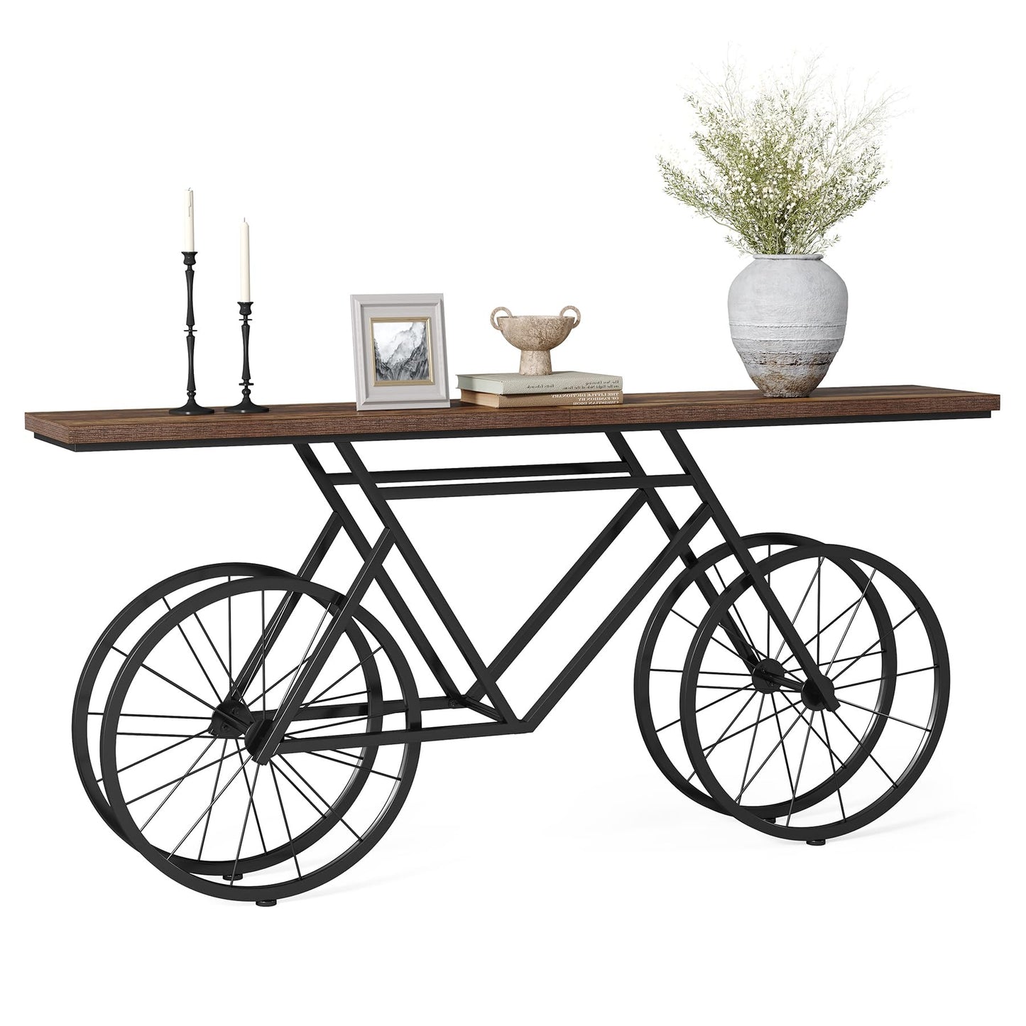 LITTLE TREE Narrow Sofa Table, 70.9-Inch Extra Long Console Table for Living Room, Entryway, with Unique Bicycle Metal Base. Rustic Brown