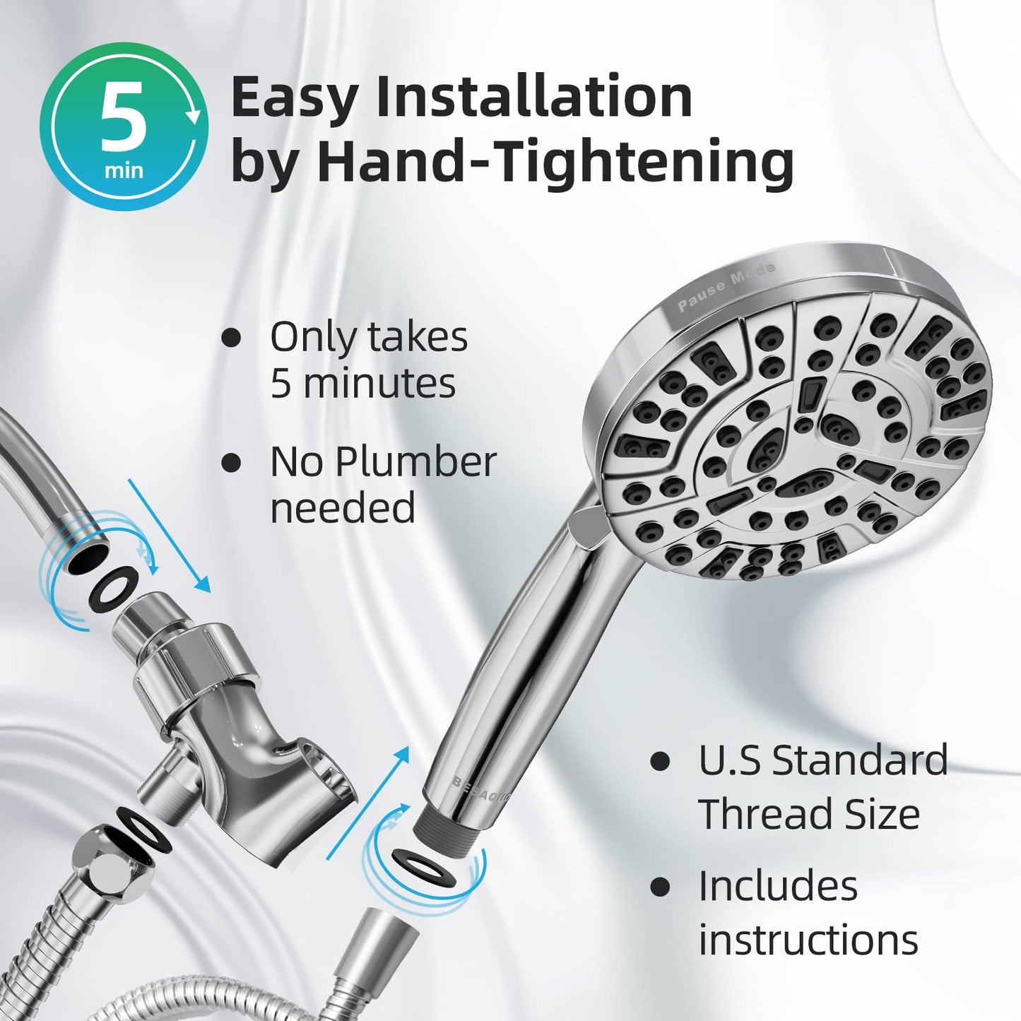 BESAQUO Shower Head,10 Functions High Pressure shower head with handheld, Built-in Pause Mode & 2 Power Wash, Non-Clogging Nozzles High Flow Hand Held Shower Head, Leakproof 6.5ft Hose&Metal Bracket