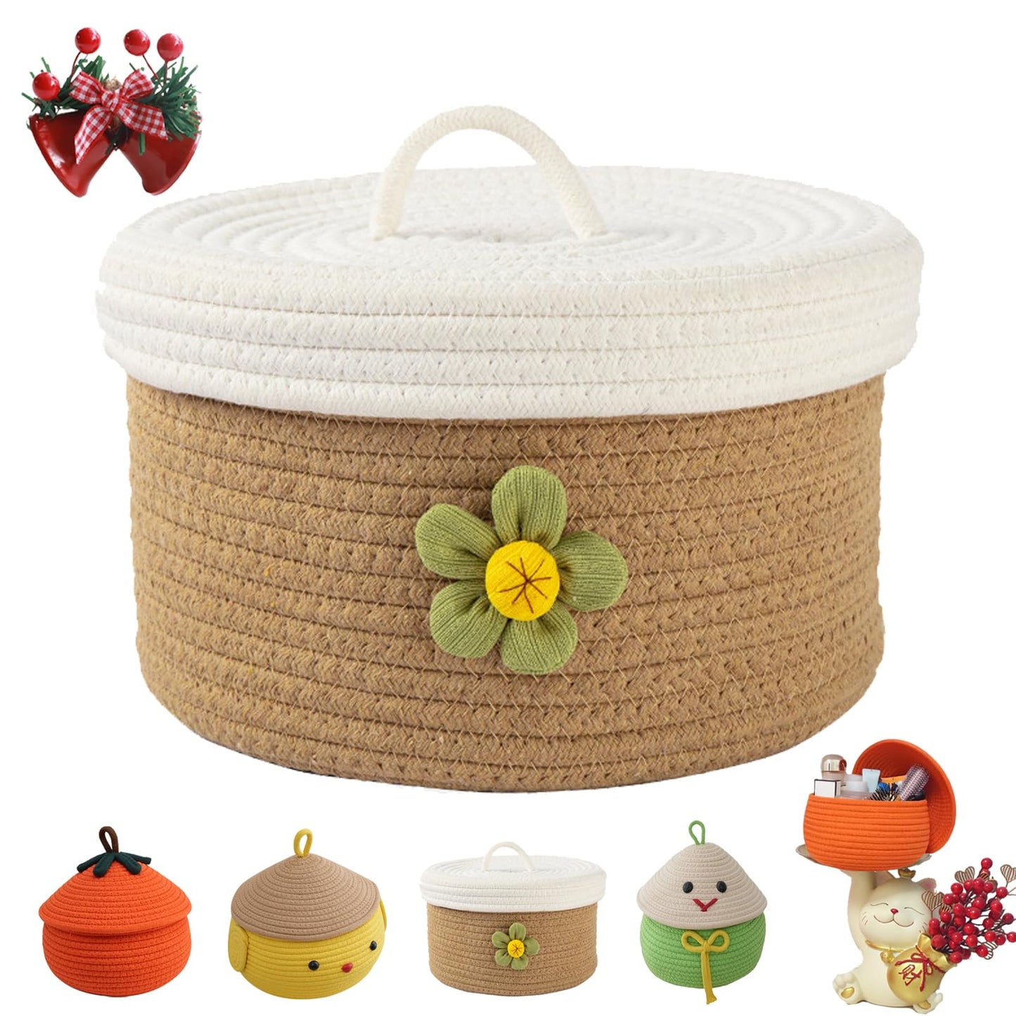 Halloween Pumpkin Basket With Lid, Halloween Pumpkin Candy Bucket, Trick Or Treat Pumpkin Woven Storage Bin, Large Capacity Woven Rope Basket For Store Toys, Candys, Snacks, Home Decor (Khaki-L)