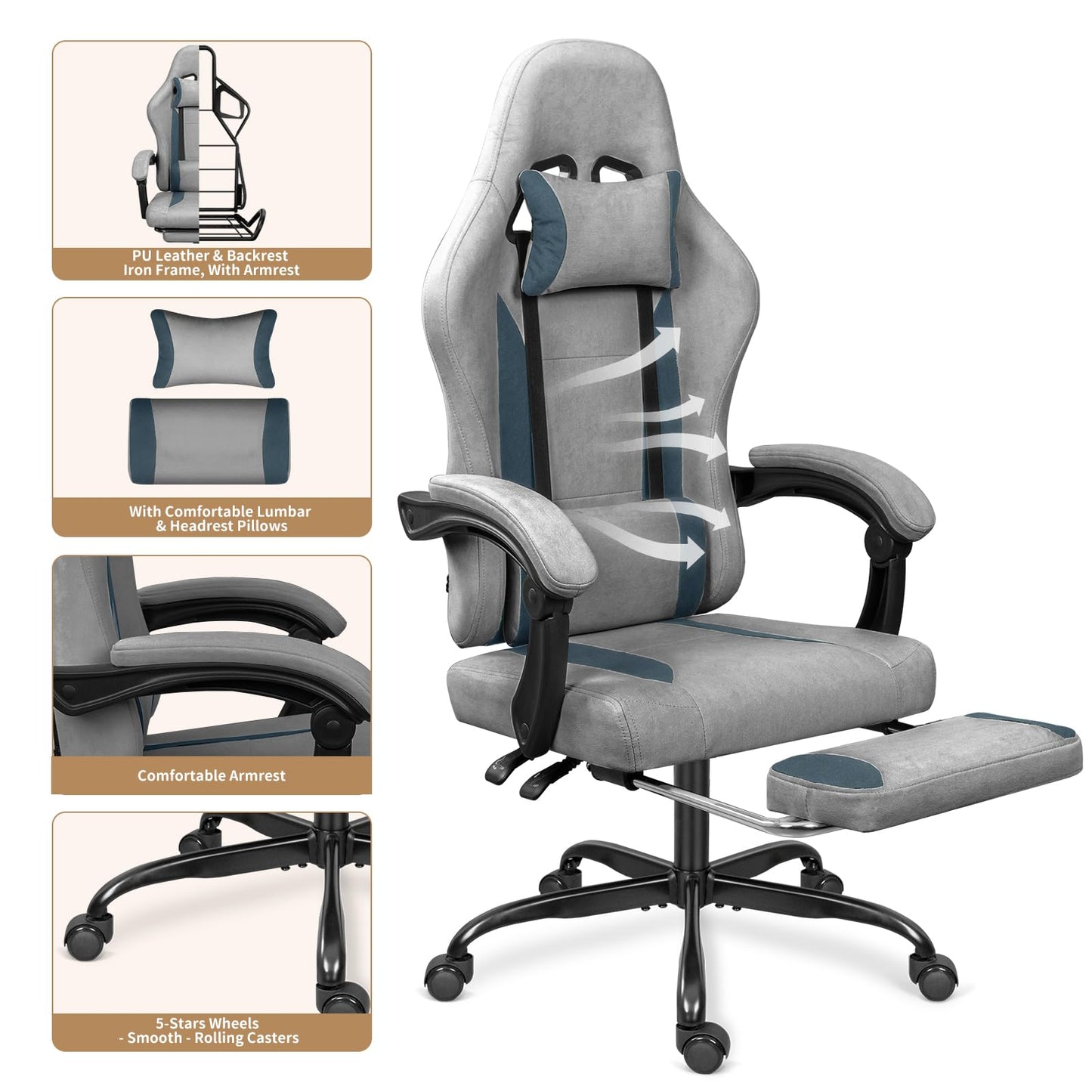 ErgoDesign Breathable Fabric Gaming Chair with Footrest, Height Adjustable Game Chair, Video Gaming Chair for Gaming Room, Living Room and Office - Light Grey/Blue