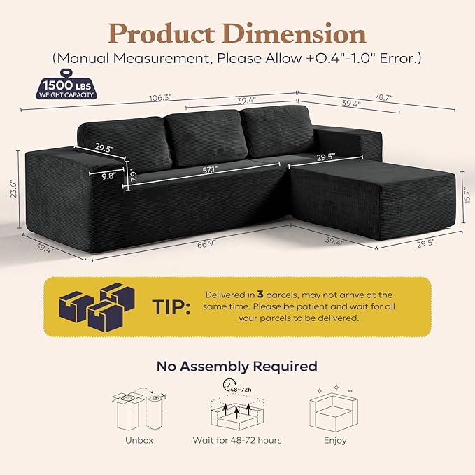 Furnify 106" Cloud Sectional Couch, Left/Right Facing Convertible Sofa with Deep Seat, L-Shape Modular Upholstered Foam Couch for Living Room Bedroom, No Assembly Required (Corduroy Fabric, Black)
