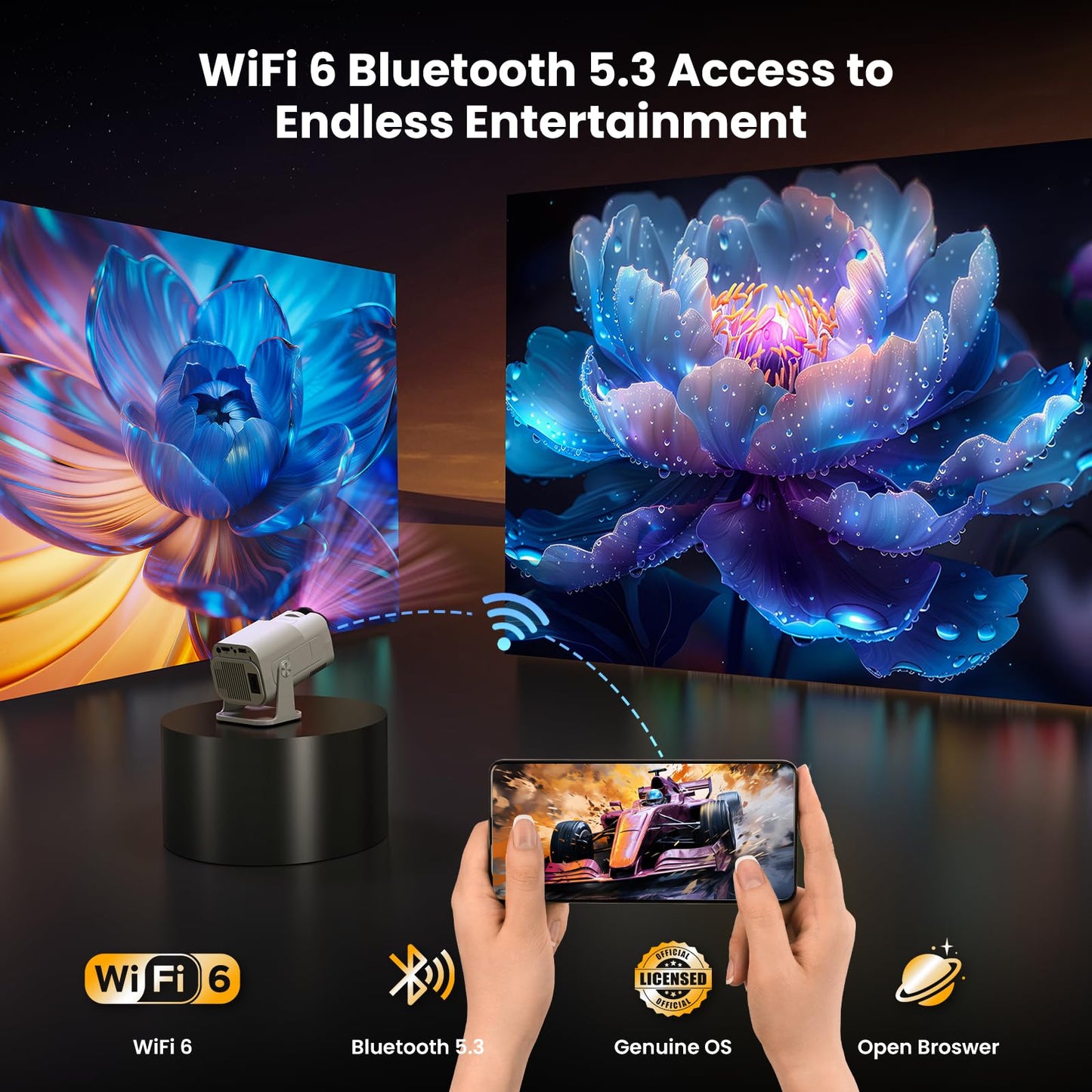 4K Smart Projector [Auto Screen Correction & 3D Audio & 1080p FHD Native Res] Built-in Genuine TV OS - Feature-rich Apps, Black-and-white
