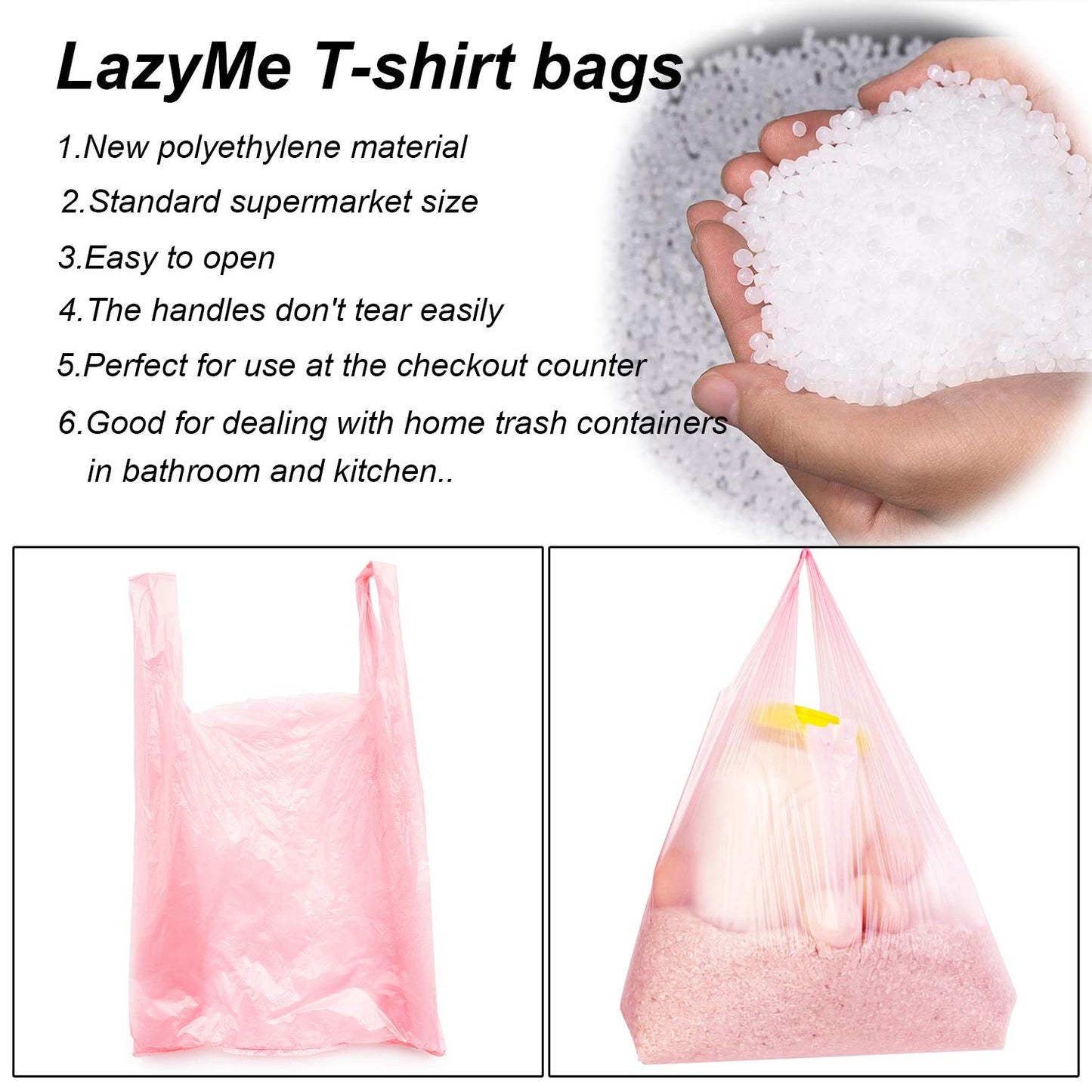LazyMe T Shirt Bags, Pink Plastic Bags with Handles for Grocery and Retail, Bolsas De Plastico Para Negocio, 12x20 Inches (50 pcs)