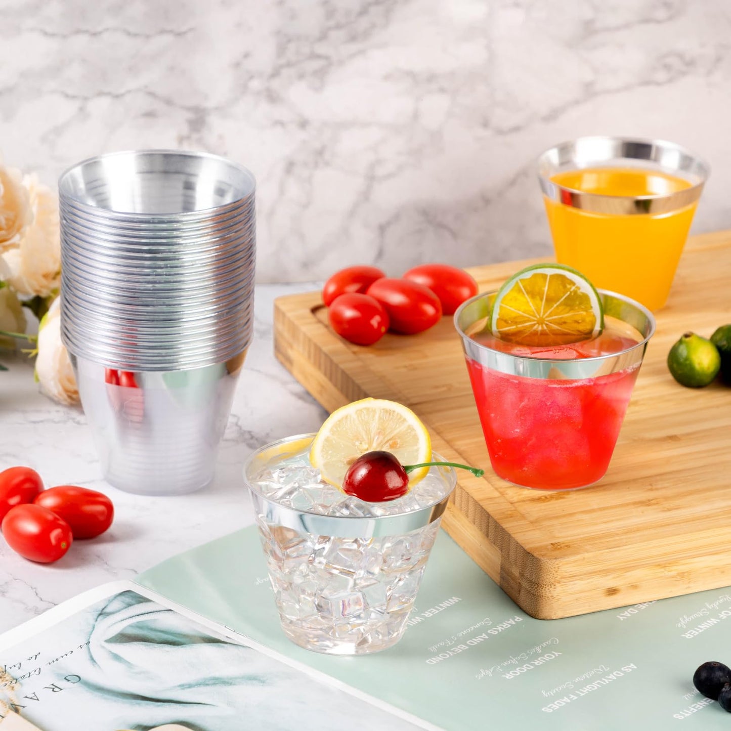 Goodluck 50PCS 9oz Plastic Cups for Party, Disposable Silver Plastic Cups, Cocktail Glasses for Wedding Thanksgiving, Christmas