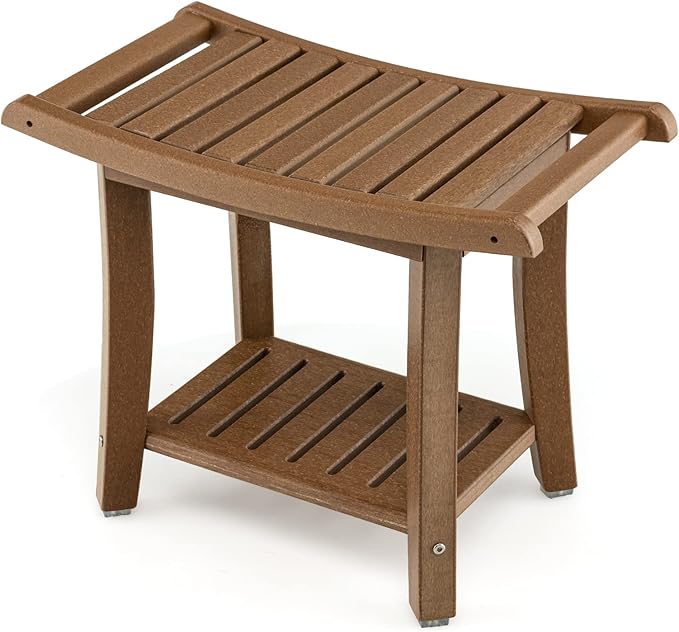 GOFLAME 2-Tier Shower Bench, Spa Bath Shower Stool with Curved Seat, 2 Easy-to-Grip Handles, Storage Shelf & Non-Slip Foot Pads, Waterproof Shower Chair for Bathroom, Living Room, Entryway, Brown