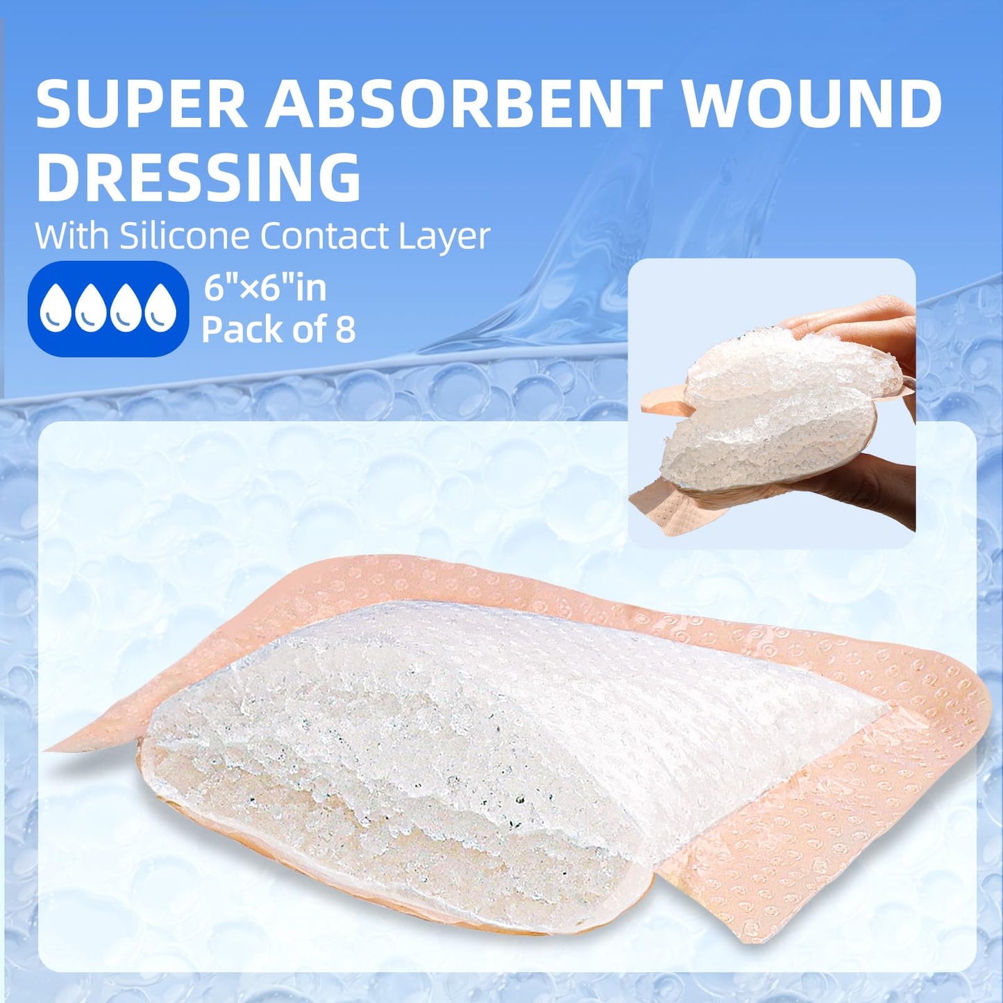 Niceful 6" x 6" Silicone Super Absorbent Wound Dressing - Gentle Border Large Bandages for Pressure Ulcer, Surgical Wounds, Heavy Exudate Wound Care Pads (8 Count)