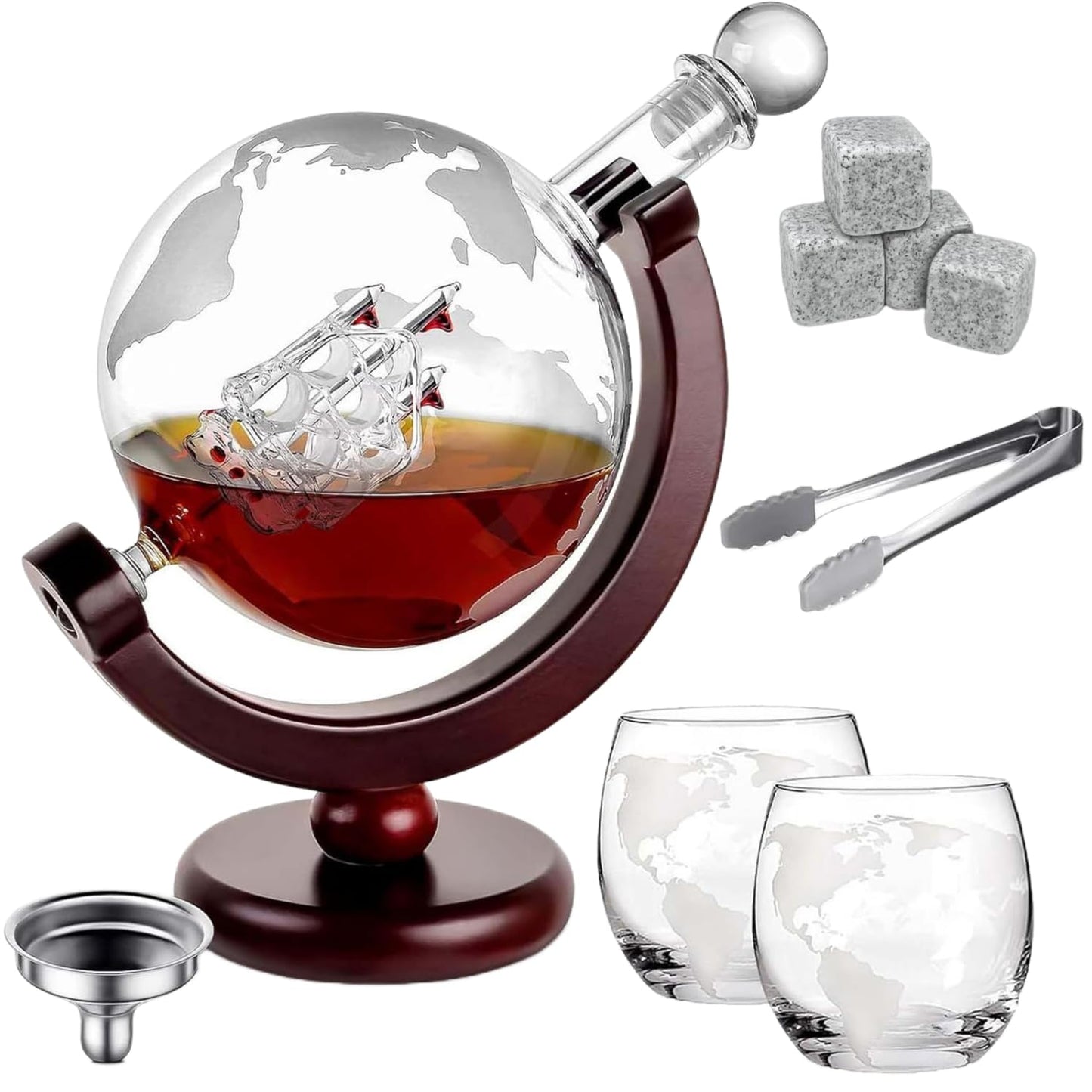 FWTBOOM Whiskey Globe Decanter Set, with 2 Etched Whiskey Glasses, 4 Ice Cubes, Tong & Funnel, Decanter for Liquor, Bourbon, Scotch, Whisky Gifts for Men Husband Boyfriend Dad, 1000ML