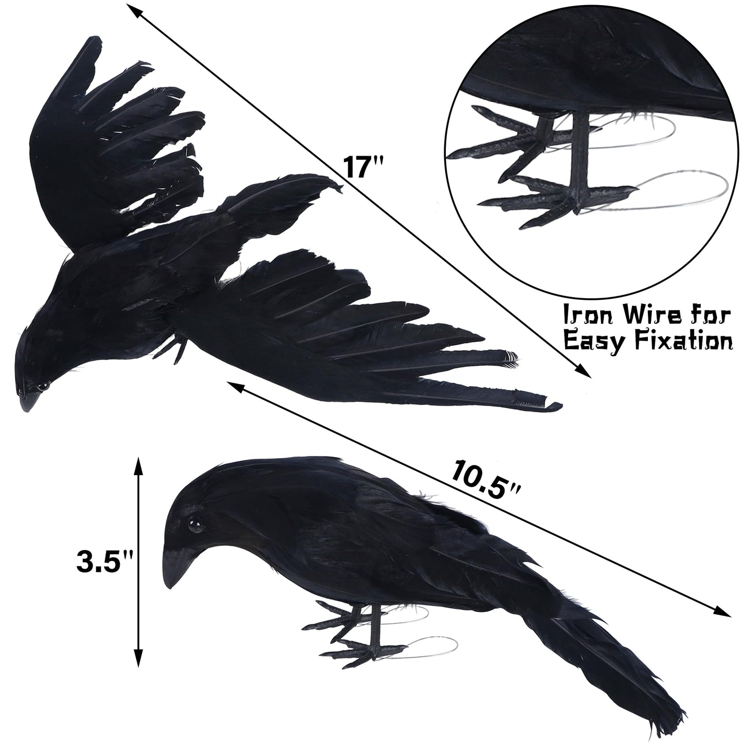 YOFIT Halloween Crows Decorations, 2 Pcs Extra Large Realistic Crows Artificial Ravens, Black Feather Birds Prop for Indoor Outdoor (17 Inch & 10 Inch)