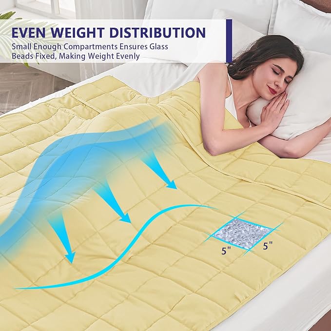 yescool Weighted Blanket for Adults (15 lbs, 60" x 80", Yellow) Cooling Heavy Blanket for Sleeping Perfect for 140-160 lbs, Queen Size Breathable Blanket with Premium Glass Bead, Machine Washable