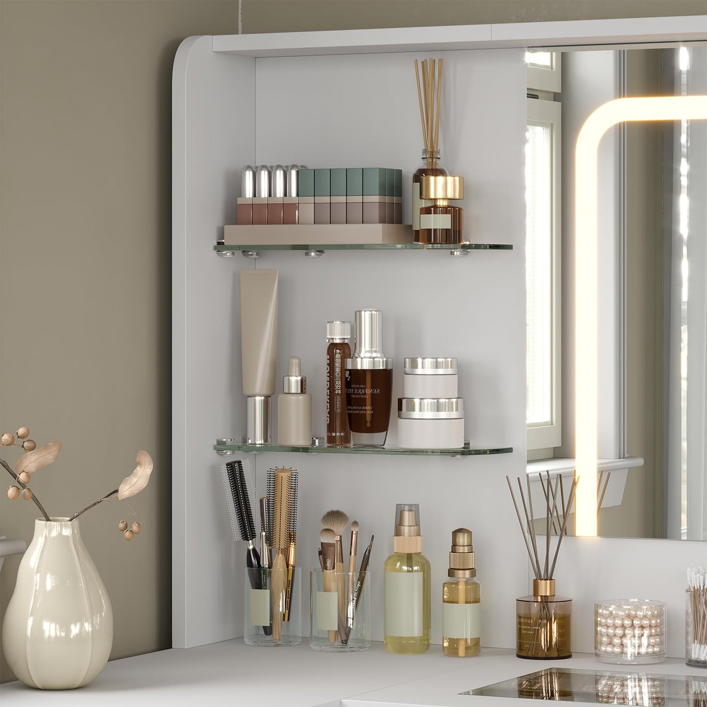 CollaredEagle Vanity Desk with Mirror and Lights, 43" Big Modern Vanity Desk, Transparent Top Vanity with 2 RGB Drawers, with Power Outlet & Stool, Modern Ample Storage Dressing Table, White