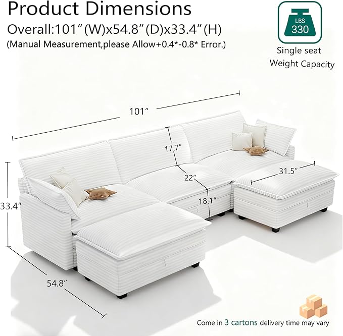 OhaiAura Modular Sectional U Shaped Sofa Couches with Storage Ottoman, Cloud Couch for Living Room, Comfy Sofa with Pillow, White