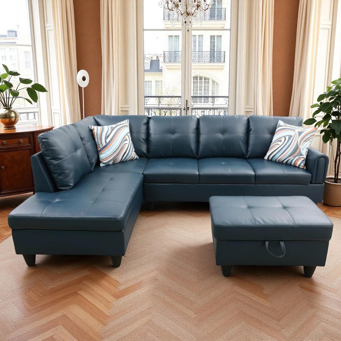 Trygoal L Shaped Couch Sectional Couches with Chaise and Storage Ottoman, 3 Pieces Modular Convertible Sofa for Living Room Furniture Sets and Small Apartment Faux Leather, Grey Blue
