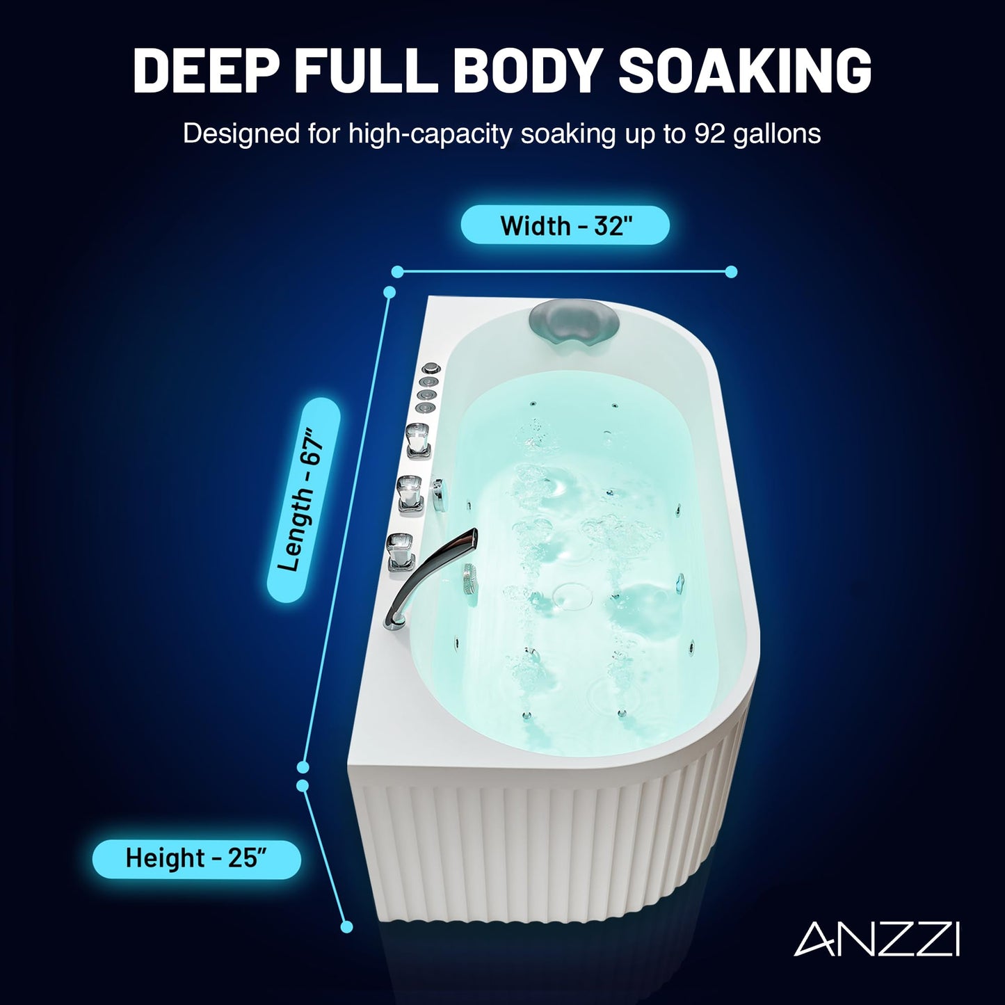 ANZZI Stone Bell 67" x 32" Freestanding Bathtub, Center Drain | Flat Bottom Tub with Air and Whirlpool Massage Jets, Lights, 5-Piece Faucet, 92 Gallon Free Standing Tub - White and Chrome
