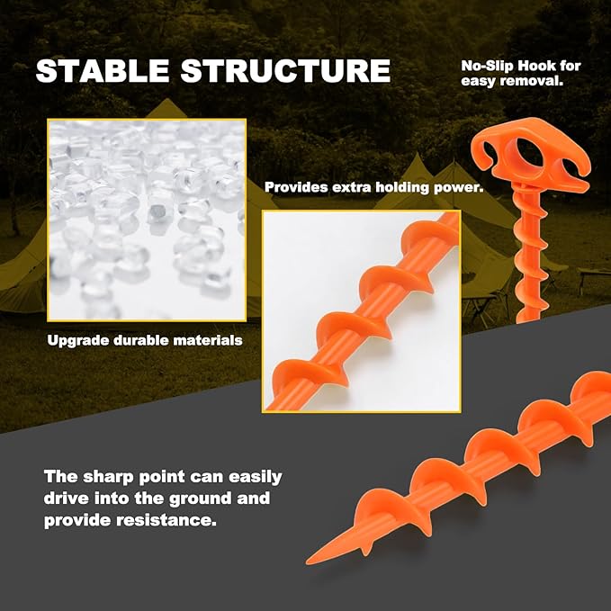 COBARYEN Tent Stakes Ground Anchors Screw in, 16 Pack Sand Stakes for Beach 9.4 Inch Heavy Duty Spiral Tent Pegs for Camping, Party, Hiking, Outdoor Decoration (16, Orange)