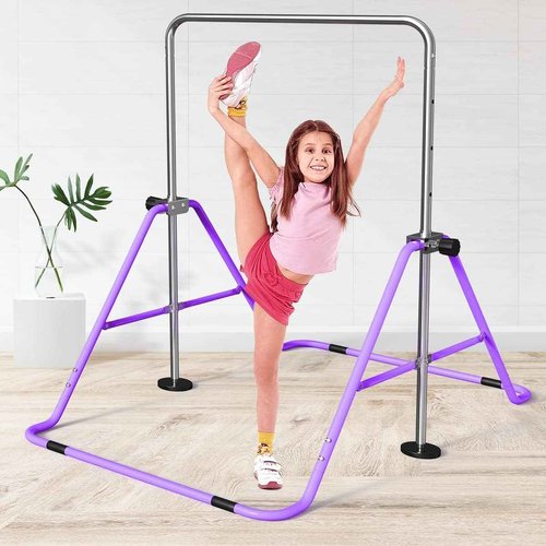 FBSPORT Gymnastics Bar for Kids with Rings，Adjustable Height Gymnastic Horizontal Bars,Junior Training Bar Children Folding Training Monkey Bars for Home Using (Purple)