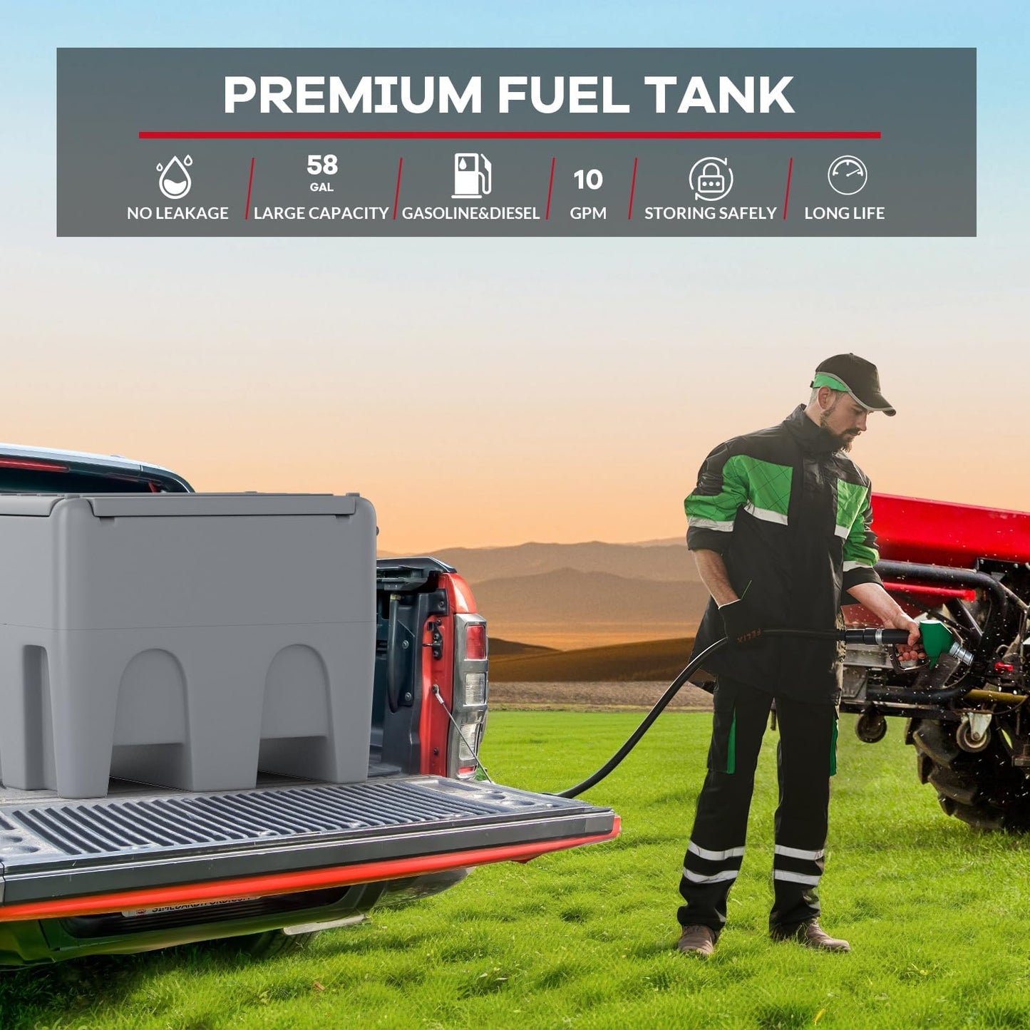 48 Gallon Portable Diesel & Gasoline Transfer Tank w/ 12V DC Pump, 10GPM Flow, 13Ft Hose, Auto Shut-off Nozzle for Tractors, Trucks, Generators, Boats Gray