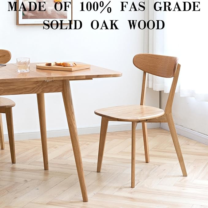 Grewood 100% Solid Oak Wood Dining Chairs Set of 2, Mid Century Modern with Wide Rounded Backrest, Chairs for Dining Room, Kitchen Chairs, Original Wood Color