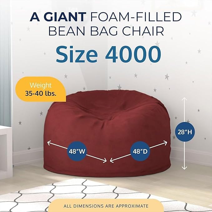 ULTIMATE SACK 4000 4-Foot Bean Bag Chair, Burgundy Suede Cover – Oversized Foam Lounger, Floor Seat, Small Sofa, or Couch Bed for Living Area, Gaming Room, or Reading Lounge