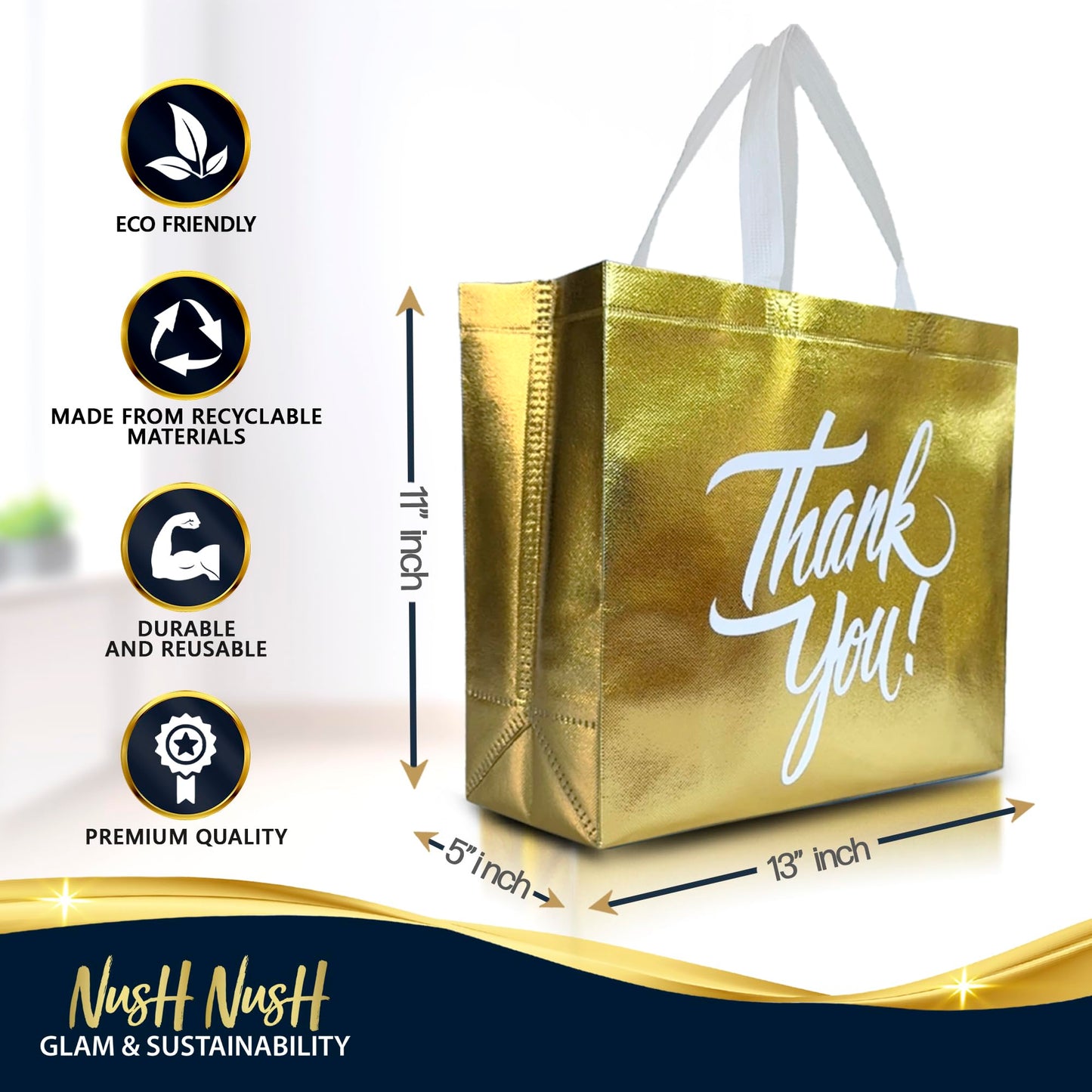 Nush Nush Gold Thank You Gift Bags Large Size – Set of 12 Stylish Gold Thank You Bags With Handles in Bulk - Appreciation Party Favor Bags For Small Business, Gifting Events, Christmas - 13Wx5Dx11H