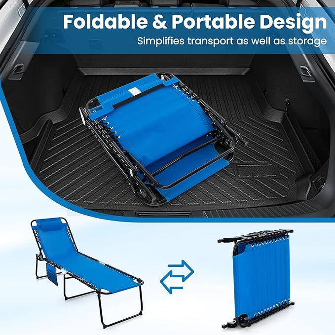 GYMAX Lounge Chairs for Outside, Extra High Folding Beach Tanning Lounger with Adjustable Backrest, Footrest & Removable Pillow, Sunbathing Lounge for Patio, Poolside (1, Navy with Pocket)