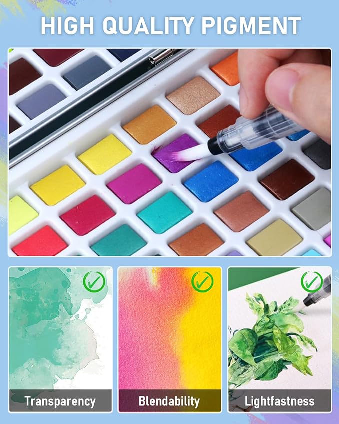 Nicpro 168 Colors Watercolor Paint Set include Metallic Macaron Candy Fluorescent, 8 Synthetic Squirrel Painting Brushes, 25 Water Color Paper, Palette, Art Supplies Kit for Artist Adult Beginner with Box