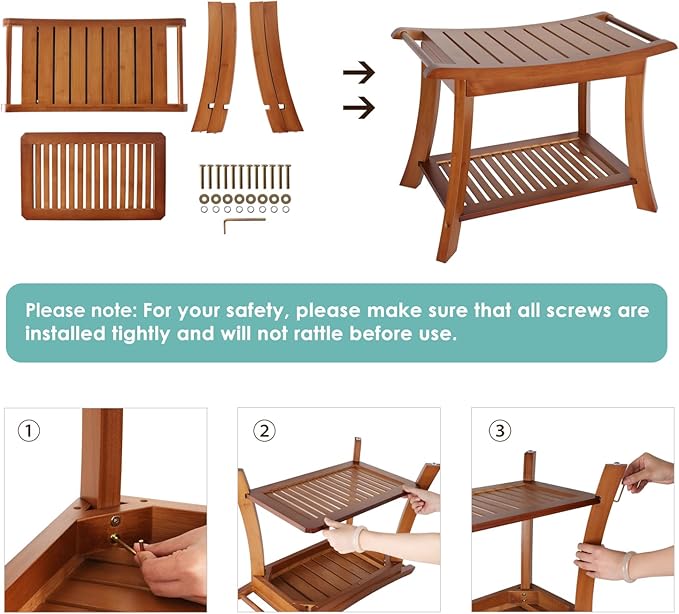 VVW Bamboo Shower Bench & Stool with Storage Shelf, Bath Benches for Inside Shower, Bathroom Stools 2-Tier Spa Seat for Adults Elderly (Walnut)