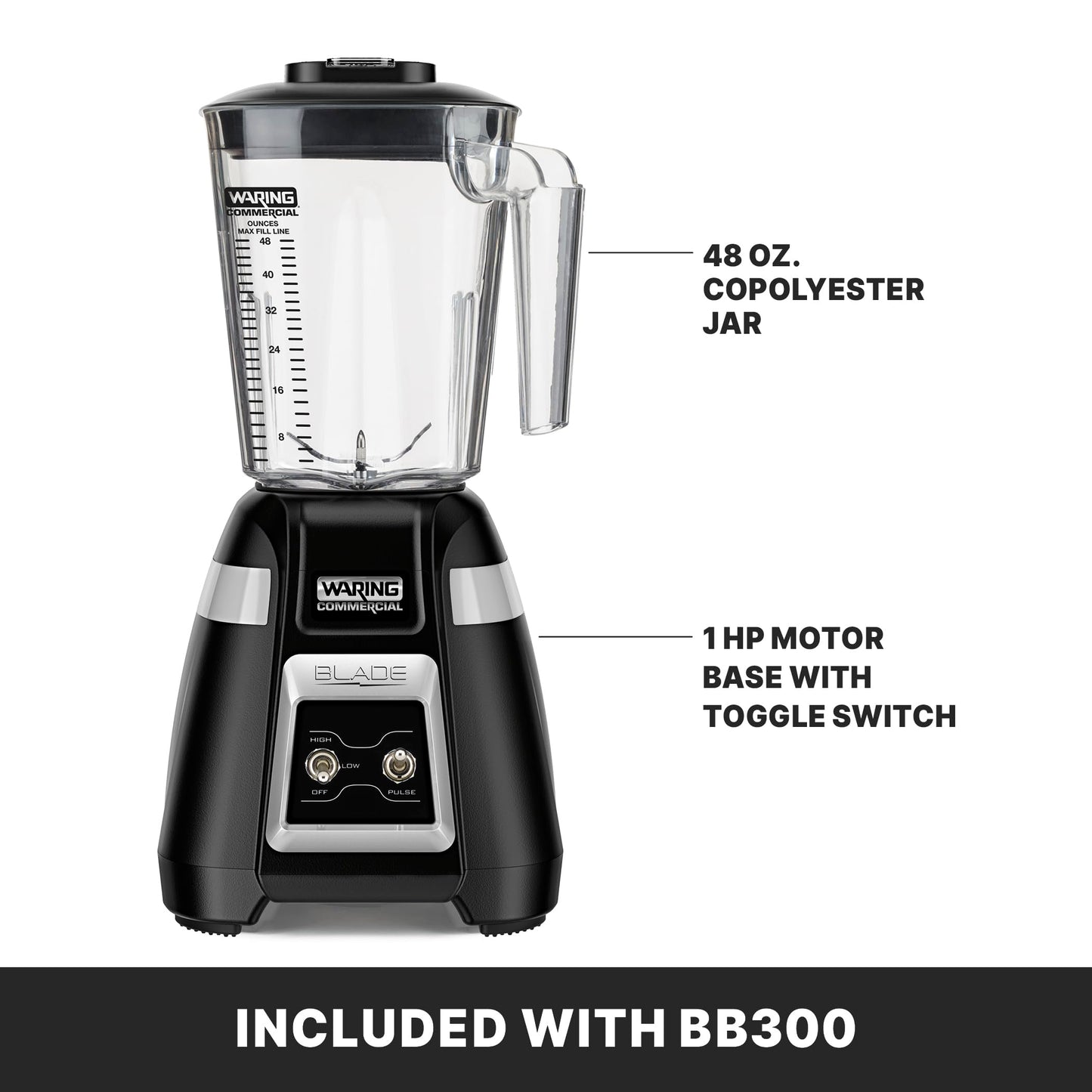 Waring Commercial BB300 Blade 1 HP Blender Toggle Switch Controls with Pulse feature with 48 oz BPA Free Copolyester Stacking Container, 120V, 5-15 Phase Plug ,Black