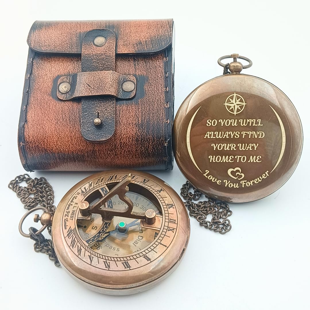 DAYOL'X So You Can Always Find Your Way Back to Me - Personalized Sundial Compass - Luxury Gift - Anniversary Sundial Compass - Brass Compass Personalised Gifts for Men with Engraved Message, 3 inch